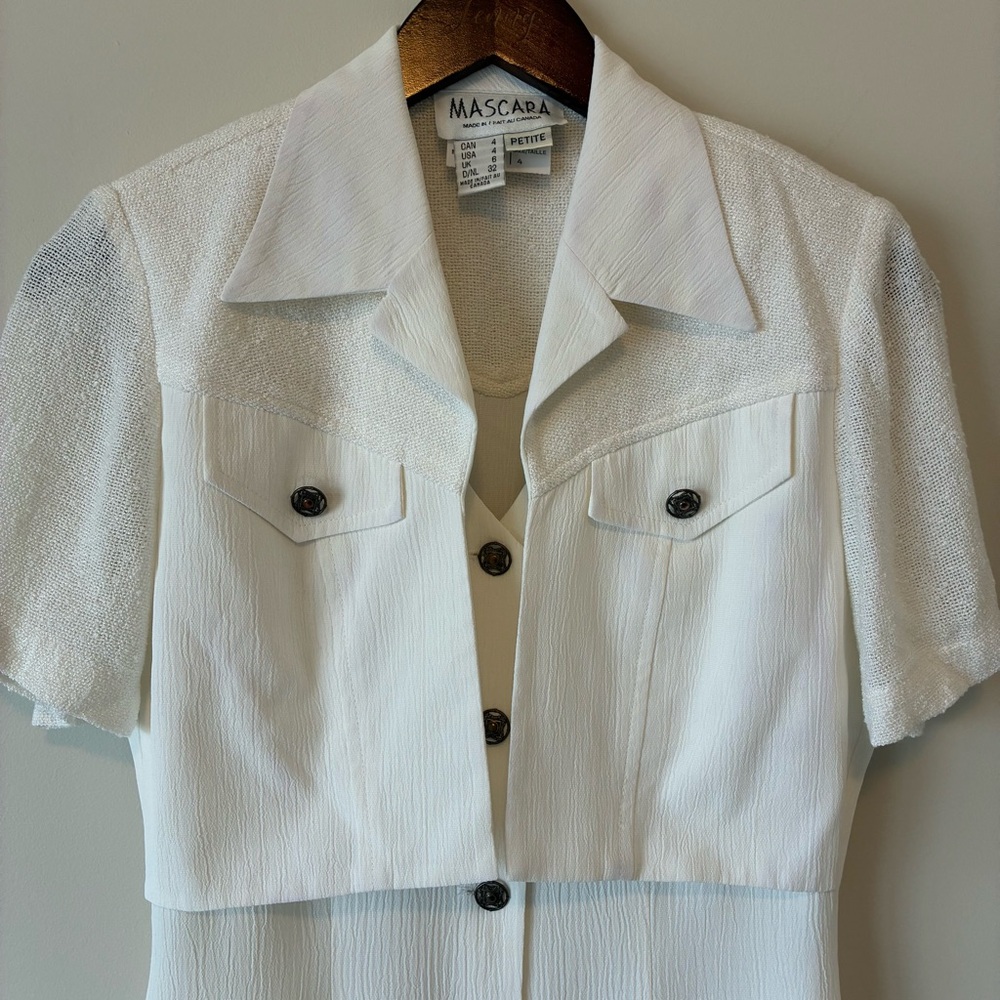 Linen blend Y2K white button down dress with faux cropped blazer 90s vintage - Picture 4 of 13